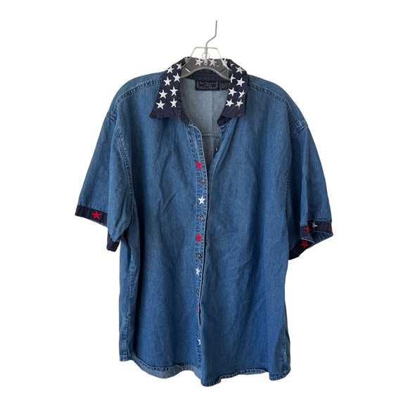 New Directions Woman’s Patriotic Embroidered Denim Short Sleeve Button Up Top - Picture 1 of 3